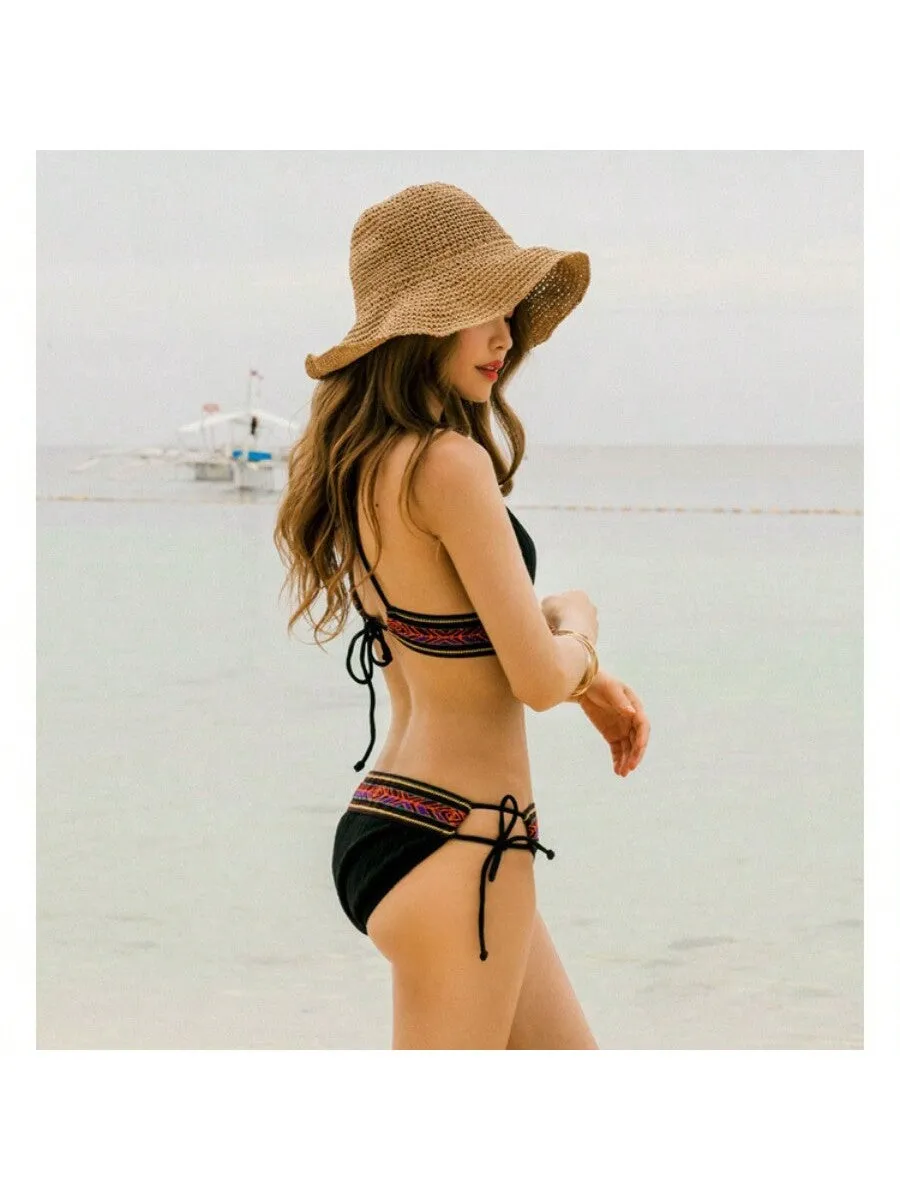 1pc Handmade Summer Sun Hat Women's Sunscreen Beach Hat Holiday Straw Hat With Wide Brim, Fishing Hat