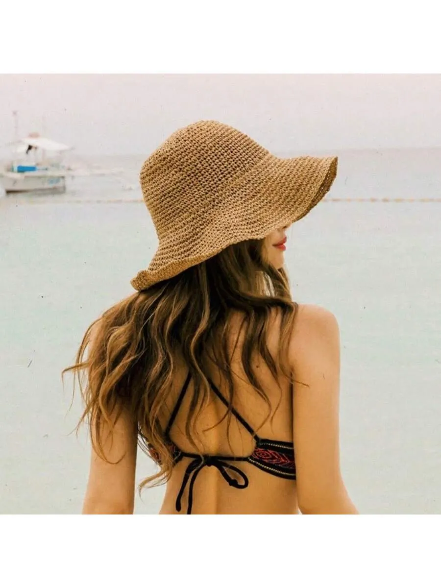 1pc Handmade Summer Sun Hat Women's Sunscreen Beach Hat Holiday Straw Hat With Wide Brim, Fishing Hat