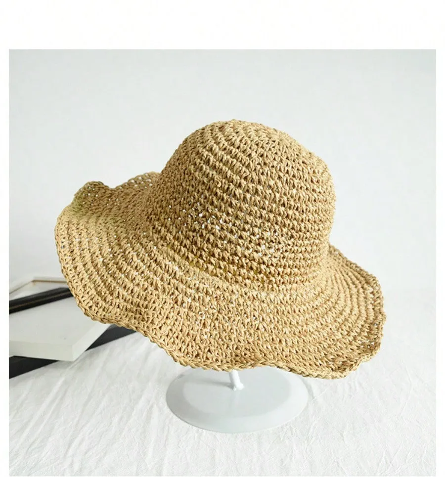 1pc Handmade Summer Sun Hat Women's Sunscreen Beach Hat Holiday Straw Hat With Wide Brim, Fishing Hat