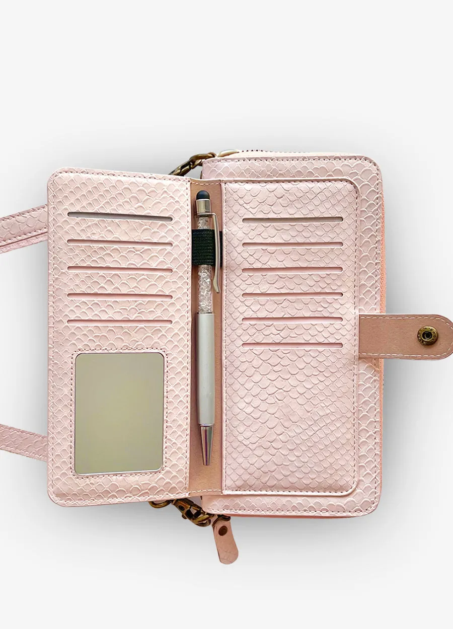 2-in-1 RFID Crossbody Wallet Phone Case in Pink Snakeskin