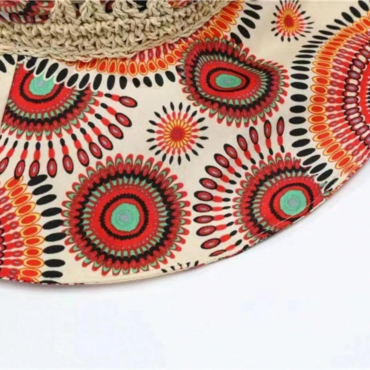 Boho A Ladies Bohemian Sun Hat With Printed Patchwork And Wide Brim, Suitable For Travel And Vacation To Provide Face And Sun Protection.