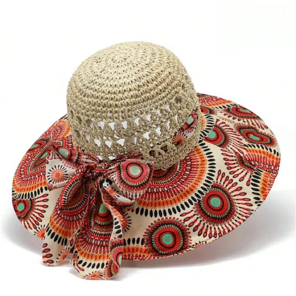 Boho A Ladies Bohemian Sun Hat With Printed Patchwork And Wide Brim, Suitable For Travel And Vacation To Provide Face And Sun Protection.