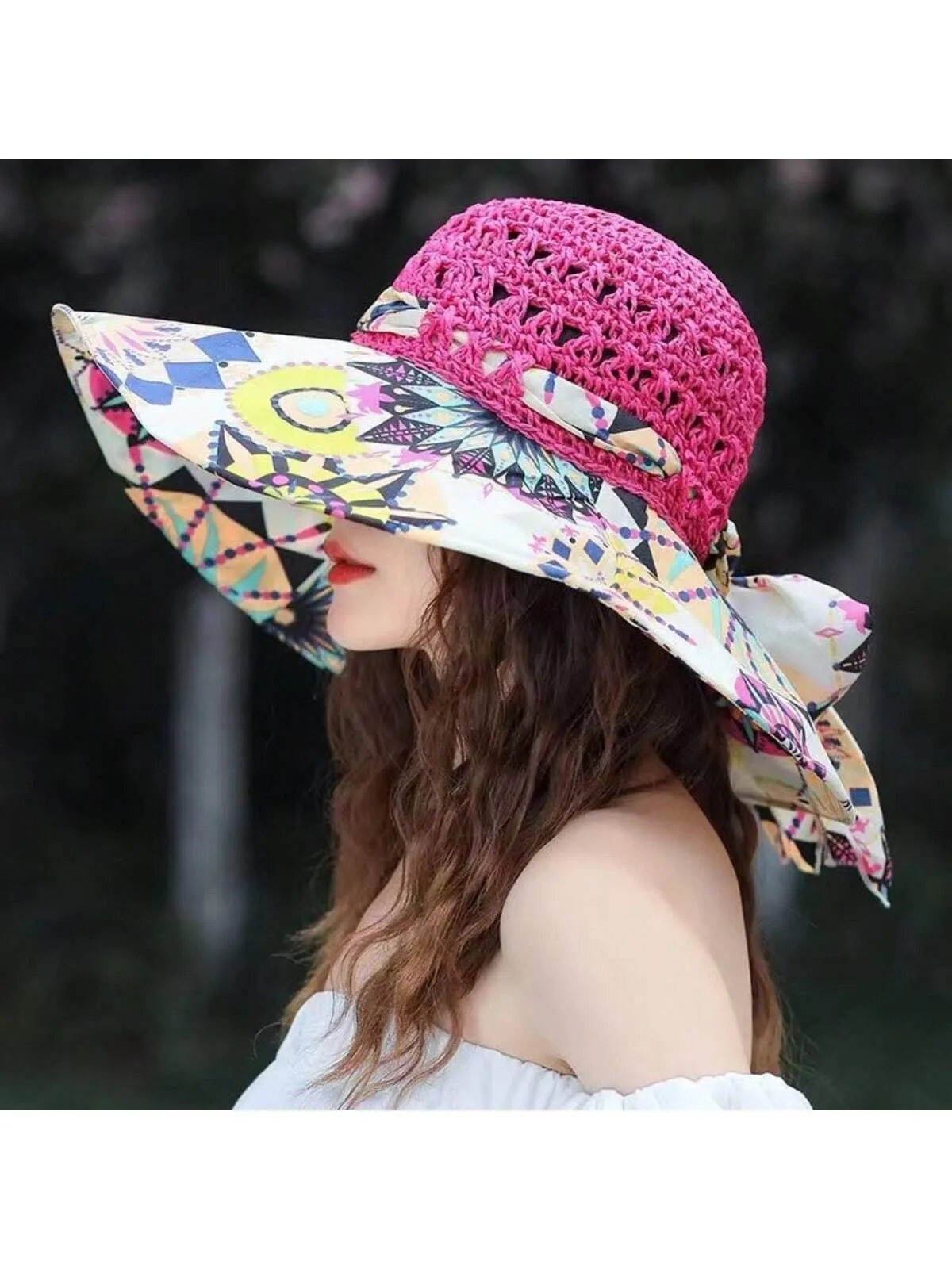 Boho A Ladies Bohemian Sun Hat With Printed Patchwork And Wide Brim, Suitable For Travel And Vacation To Provide Face And Sun Protection.