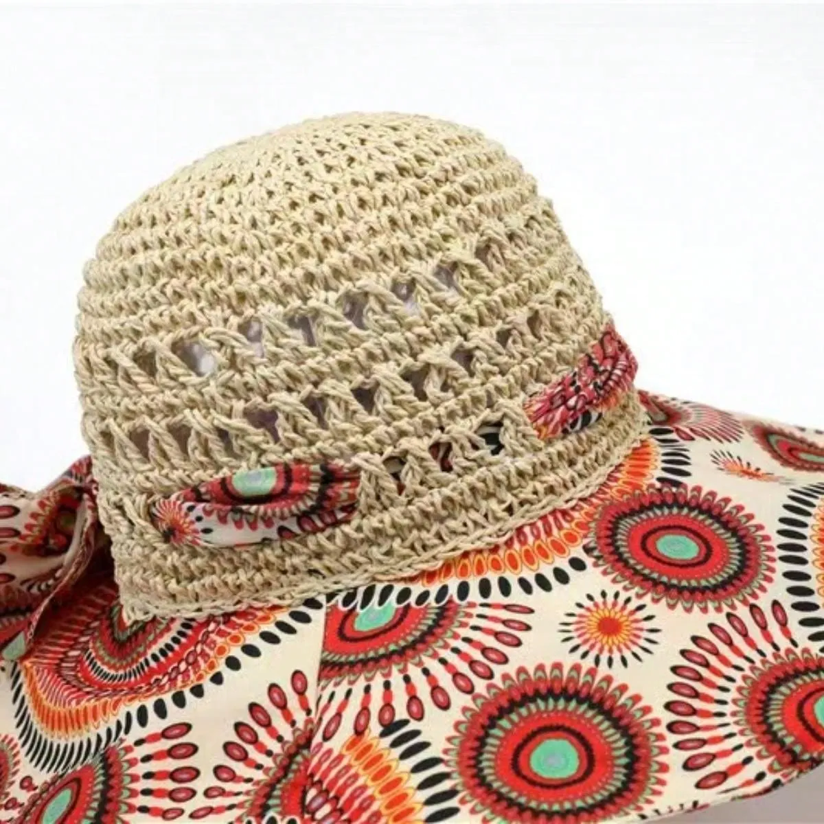 Boho A Ladies Bohemian Sun Hat With Printed Patchwork And Wide Brim, Suitable For Travel And Vacation To Provide Face And Sun Protection.