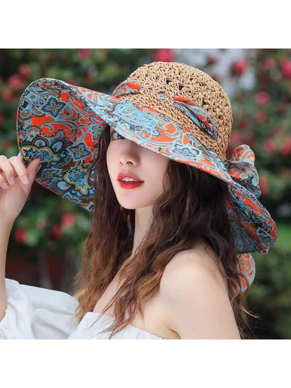 Boho A Ladies Bohemian Sun Hat With Printed Patchwork And Wide Brim, Suitable For Travel And Vacation To Provide Face And Sun Protection.