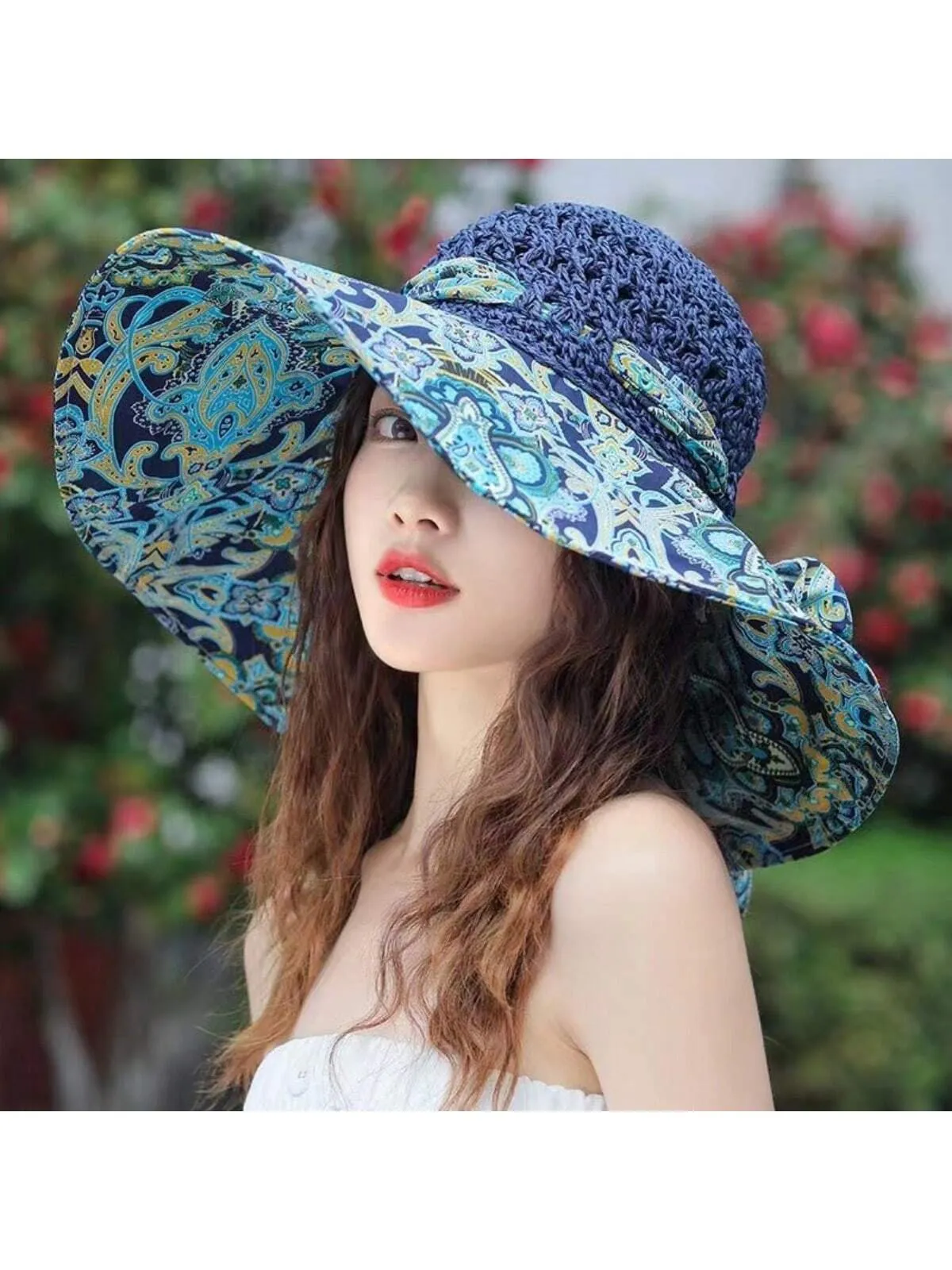 Boho A Ladies Bohemian Sun Hat With Printed Patchwork And Wide Brim, Suitable For Travel And Vacation To Provide Face And Sun Protection.