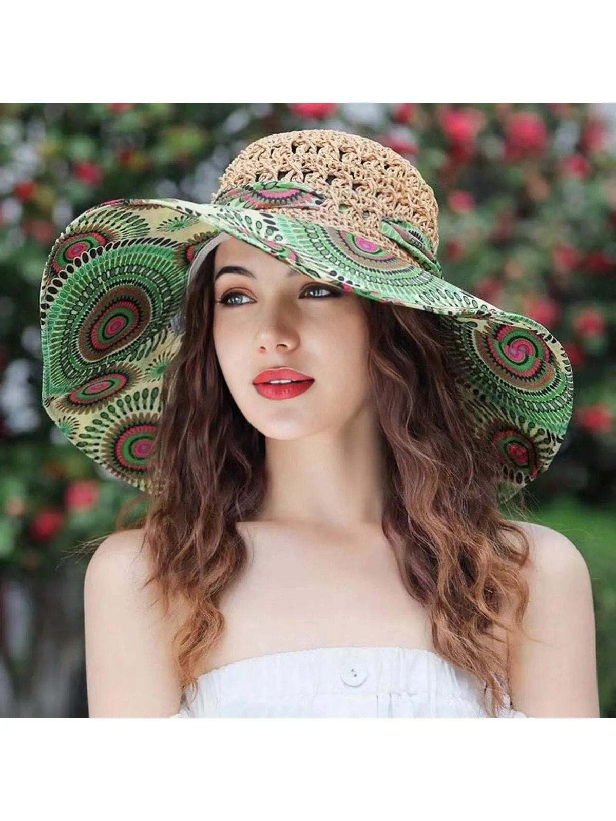 Boho A Ladies Bohemian Sun Hat With Printed Patchwork And Wide Brim, Suitable For Travel And Vacation To Provide Face And Sun Protection.