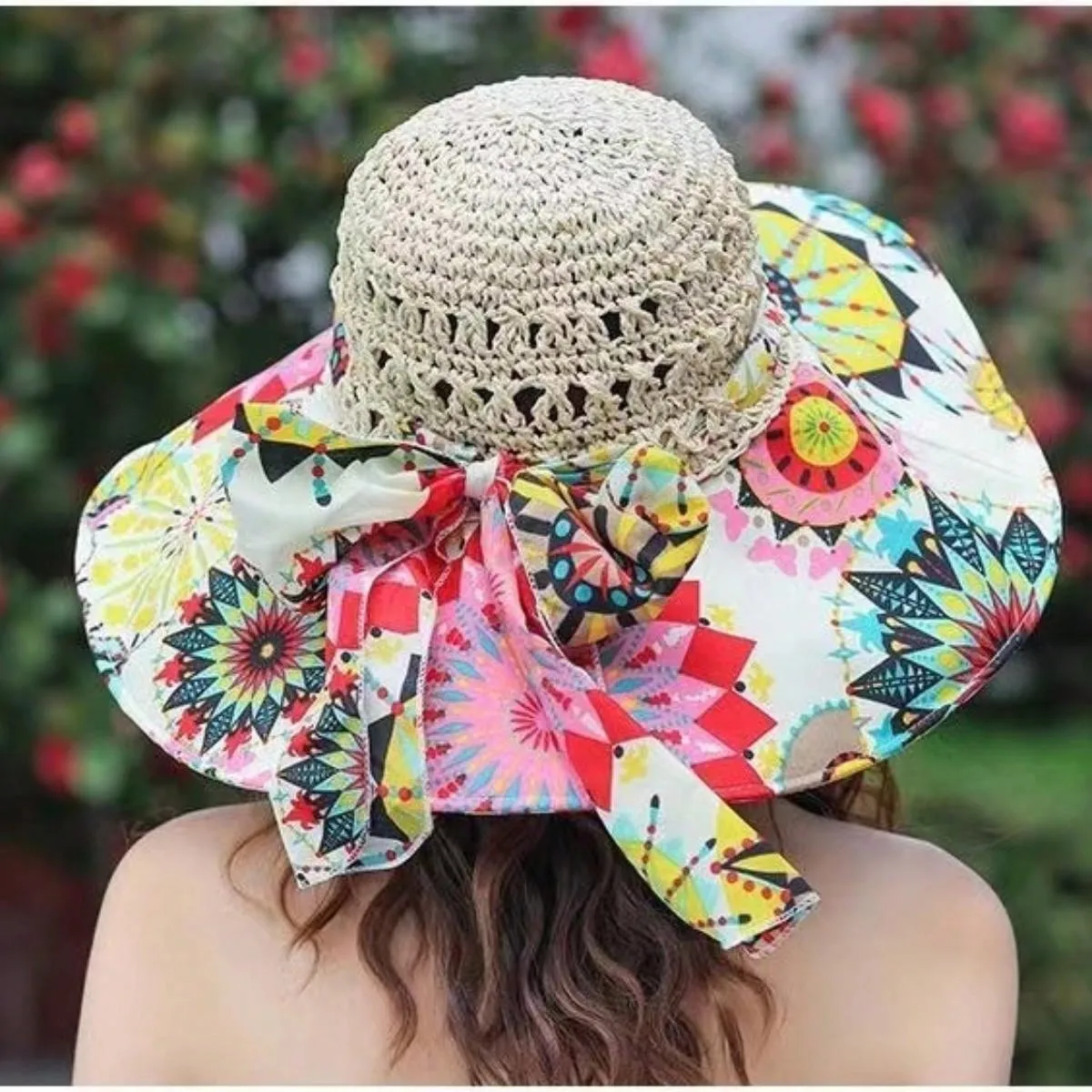 Boho A Ladies Bohemian Sun Hat With Printed Patchwork And Wide Brim, Suitable For Travel And Vacation To Provide Face And Sun Protection.