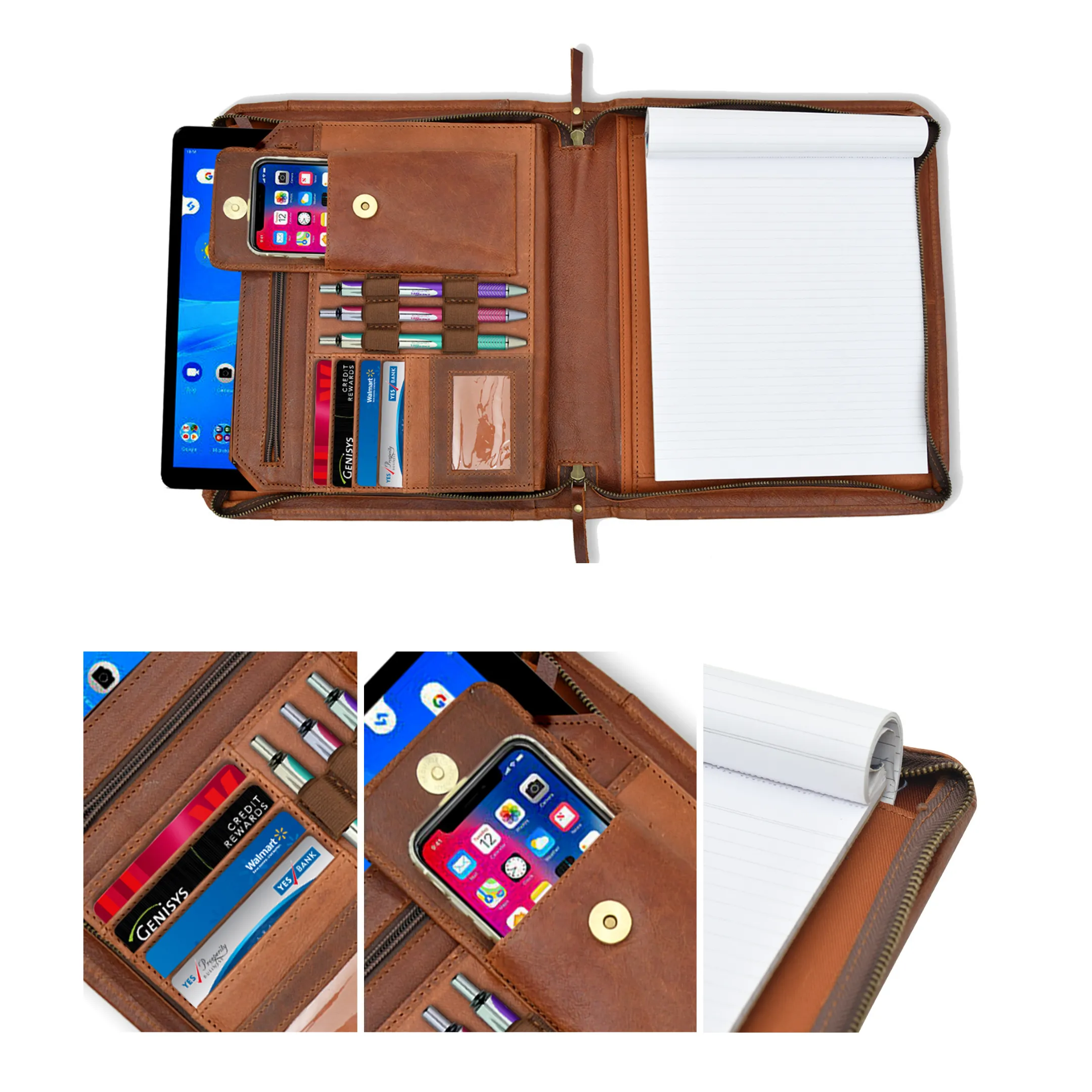 Brown Premium Leather Padfolio with Card and Pen Holders