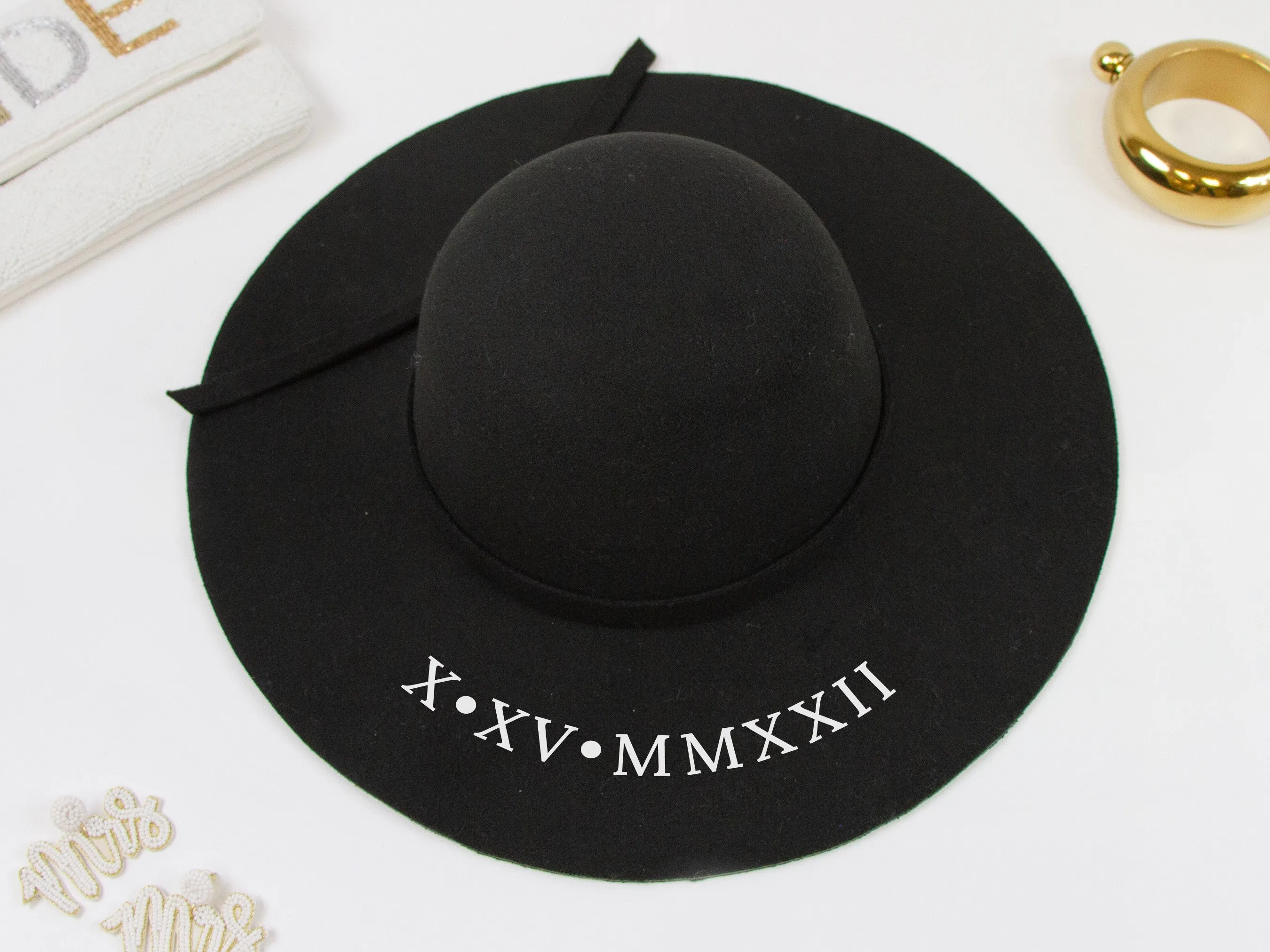 Custom Date Wedding Black Felt Floppy Hat