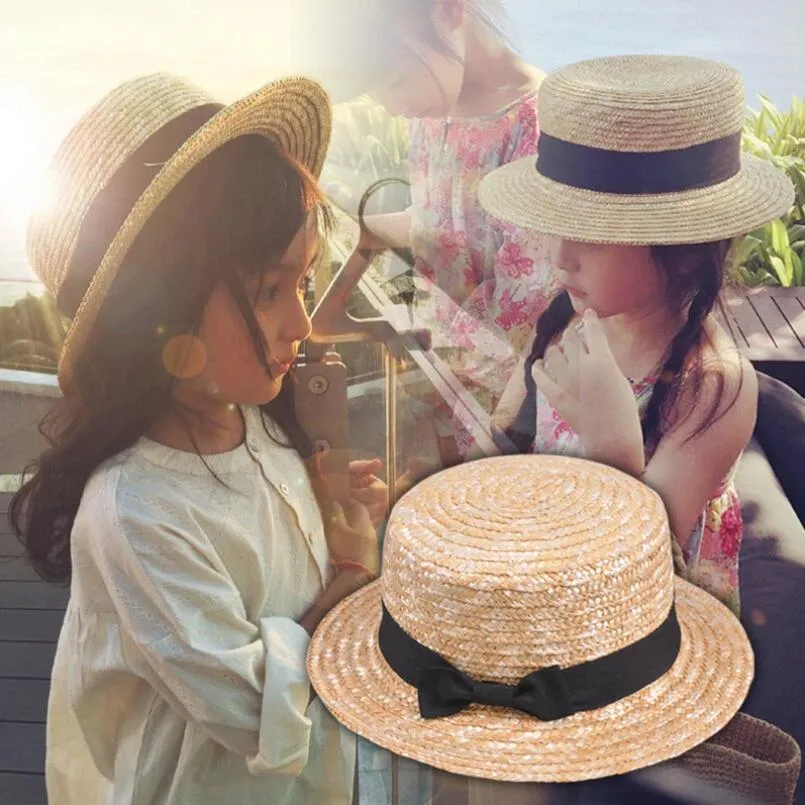 Cute Girls Straw Hat Bowknot Sun 52-54Cm