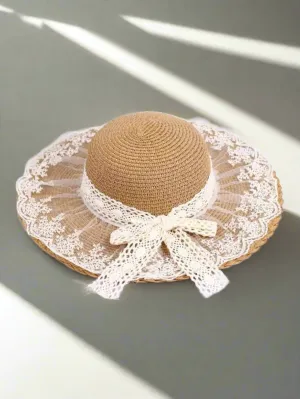 Girls Lace Brim Straw Hat