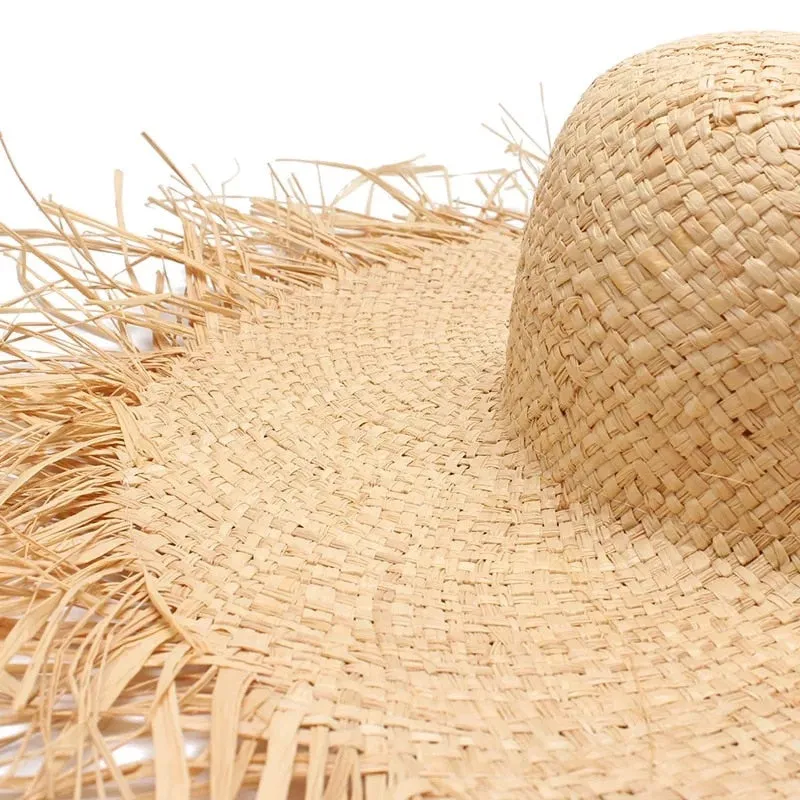 Handmade Women Straw Sun Hats Large Wide Brim Beach Straw Sun Caps