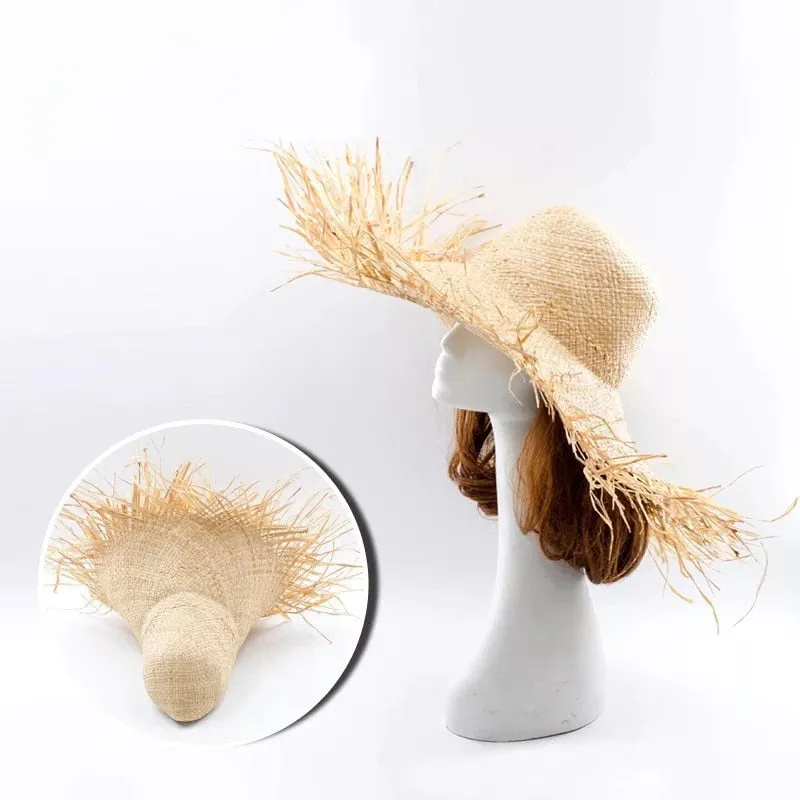 Handmade Women Straw Sun Hats Large Wide Brim Beach Straw Sun Caps