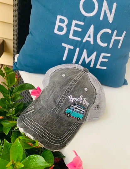 Hola beaches hats! | Womens embroidered trucker cap | Personalize | Beach hats | Cute palm trees, sunshine, waves and seashell | Girls weekend accessories.