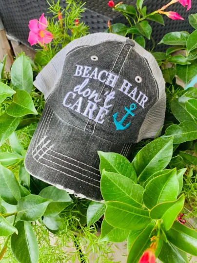 Hola beaches hats! | Womens embroidered trucker cap | Personalize | Beach hats | Cute palm trees, sunshine, waves and seashell | Girls weekend accessories.