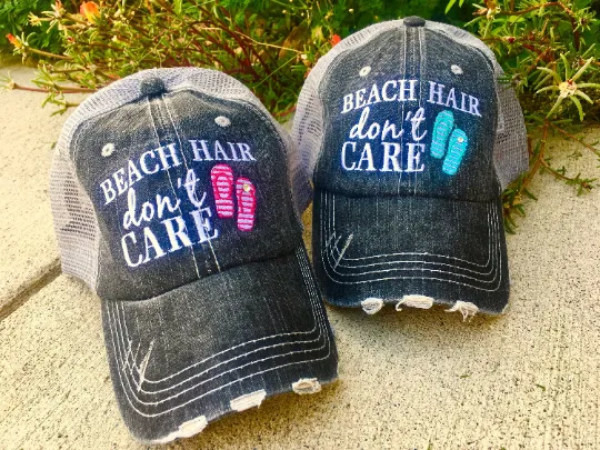 Hola beaches hats! | Womens embroidered trucker cap | Personalize | Beach hats | Cute palm trees, sunshine, waves and seashell | Girls weekend accessories.