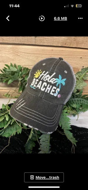 Hola beaches hats! | Womens embroidered trucker cap | Personalize | Beach hats | Cute palm trees, sunshine, waves and seashell | Girls weekend accessories.