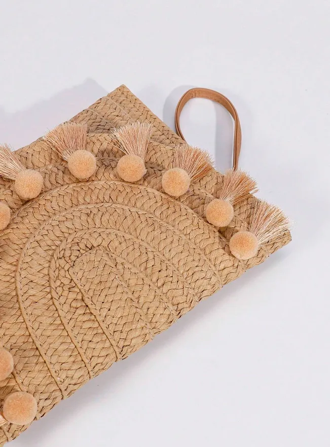 Khaki Pompom Straw Clutch Bag