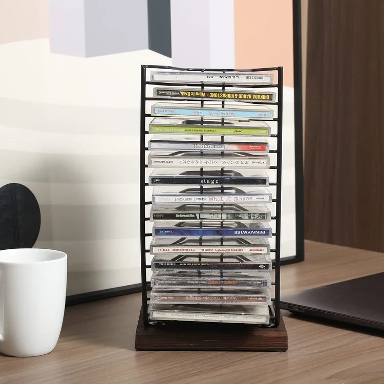 Matte Black Metal Wire and Burnt Wood Base Compact Disc Holder Vertical Storage CD Display Rack, Holds 15 Jewel Cases