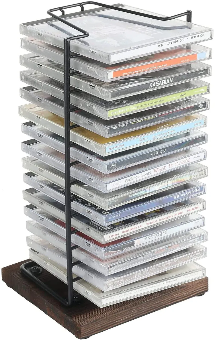 Matte Black Metal Wire and Burnt Wood Base Compact Disc Holder Vertical Storage CD Display Rack, Holds 15 Jewel Cases