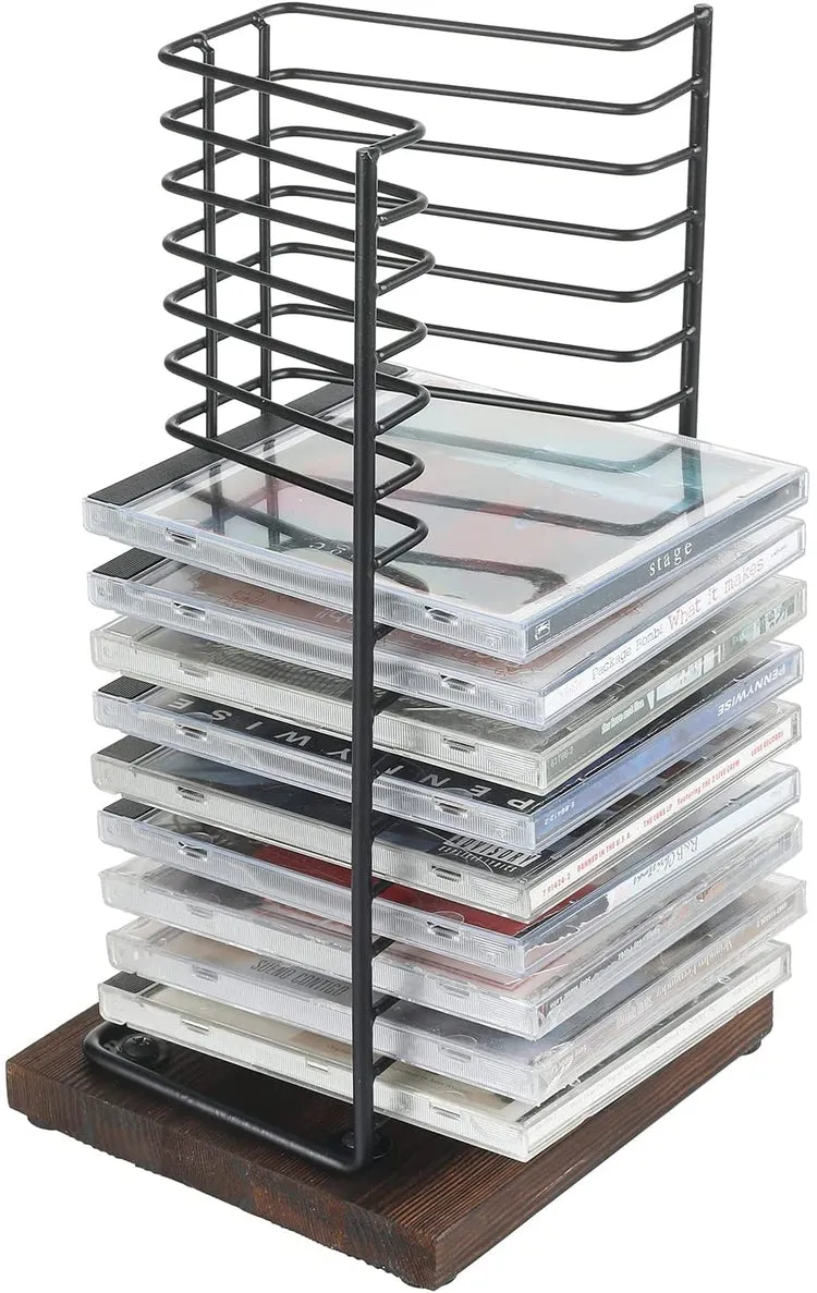 Matte Black Metal Wire and Burnt Wood Base Compact Disc Holder Vertical Storage CD Display Rack, Holds 15 Jewel Cases