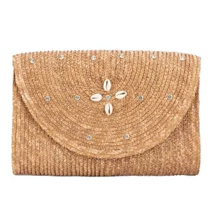 Resort Ready - Fine Wheat Straw Braid Clutch with Seashell Flowers and Rhinestone Details