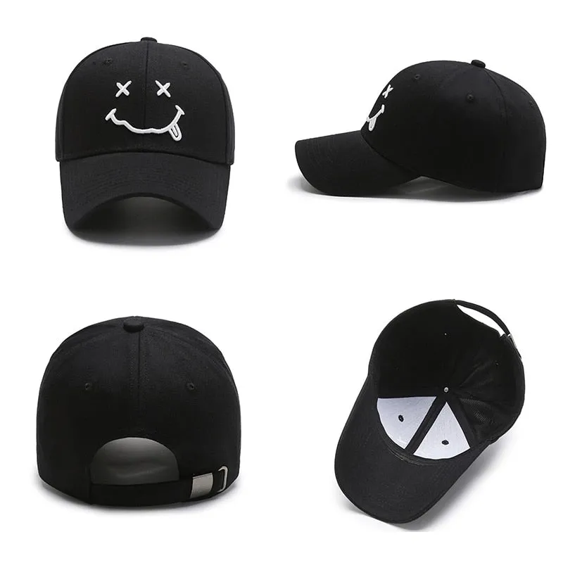 Smile Face Embroidery Baseball Caps Kpop Black Cotton Adjustable Snapback Funny Hip Hop Cap Autumn Sun Dad Hats for Mens