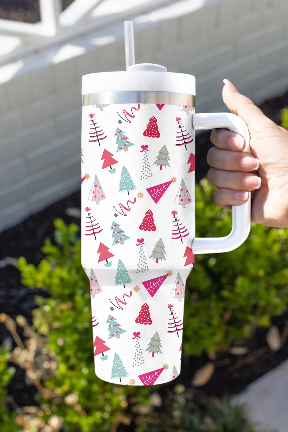 White Cartoon Christmas Tree Printed Thermos Cup 40oz