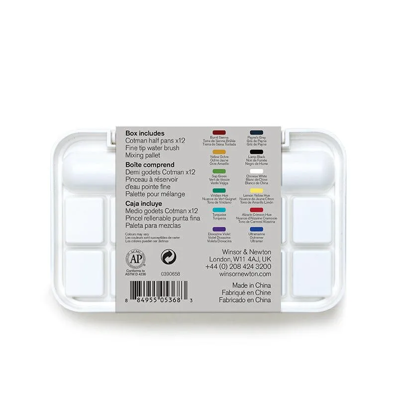 Winsor & Newton Cotman Watercolor Brush Pen Set- Box (135 mm x 85 mm x 24mm) Set of 12 Half Pans